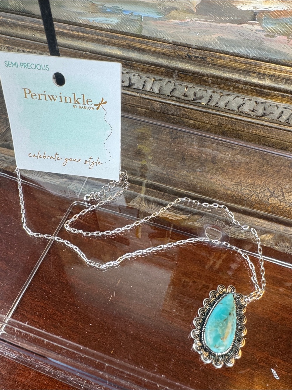 0826-Periwinkle by Barlow Silver 18" L-Necklace with Turquoise Teardrop Pendant